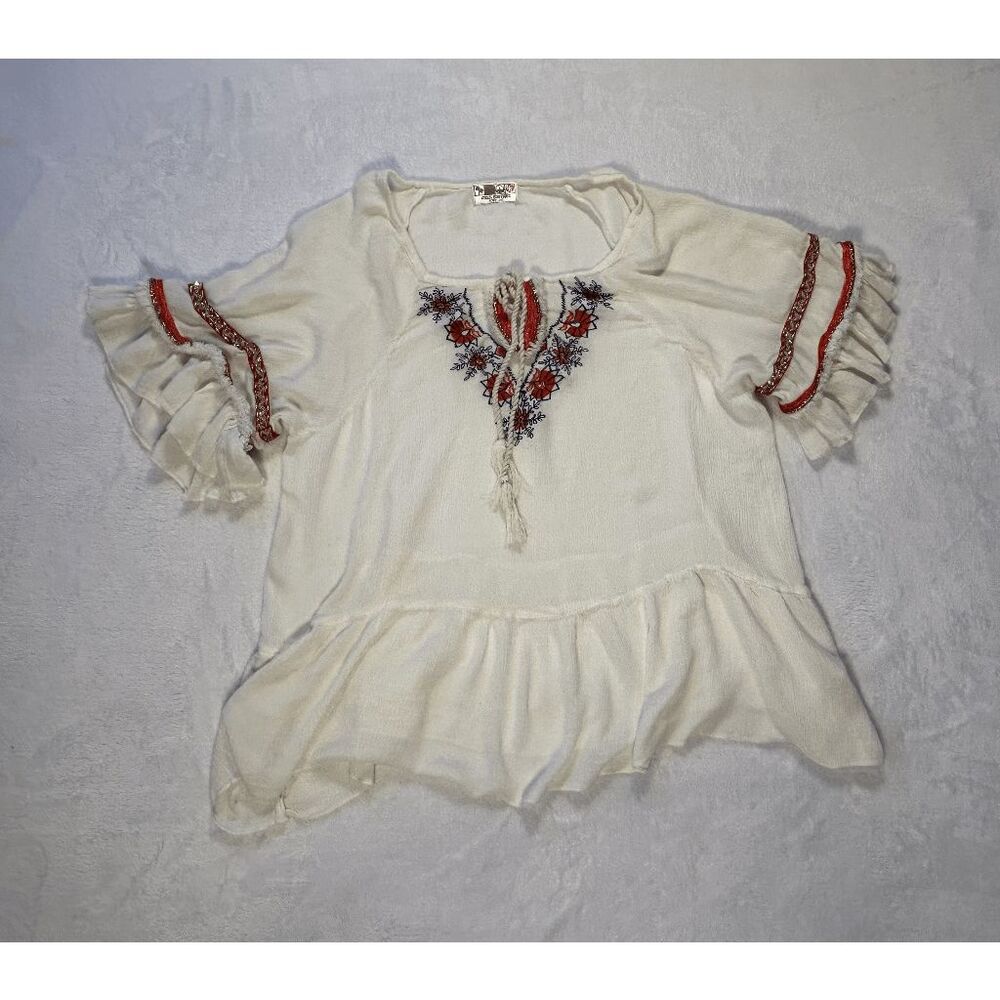 India Boutique Boho Peasant Top, Size M? Loose Flowy Cream Color Red Embroidery